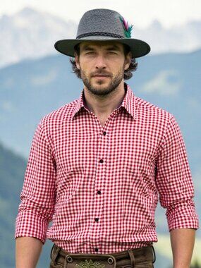 Men’s Authentic Bavarian Oktoberfest Shirt | Red Berry Checkered German Style